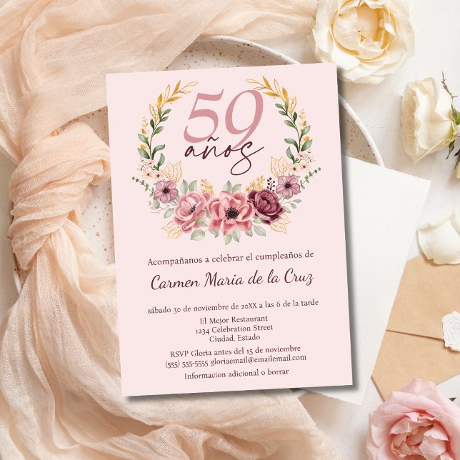Invitation Fête d'anniversaire élégante florale rose espagnol (Créateur téléchargé)