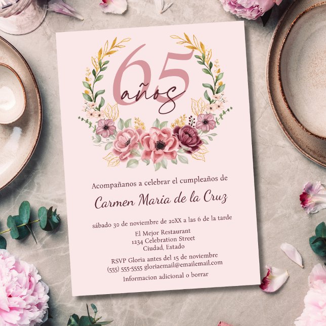 Invitation Fête d'anniversaire élégante florale rose espagnol (Créateur téléchargé)