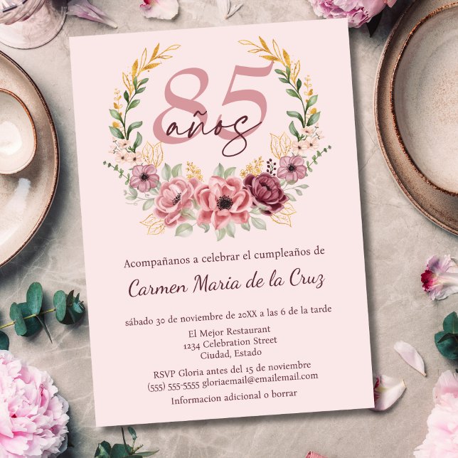 Invitation Fête d'anniversaire élégante florale rose espagnol (Créateur téléchargé)