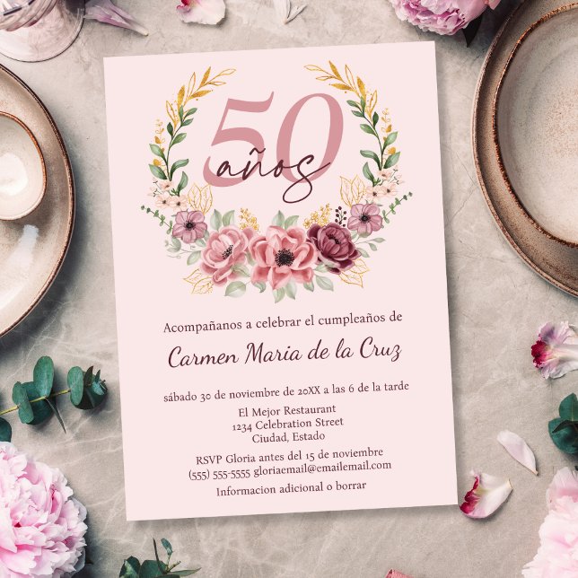 Invitation Fête d'anniversaire élégante florale rose espagnol (Créateur téléchargé)