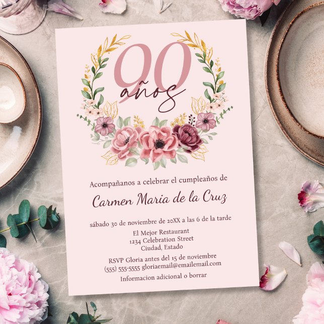 Invitation Fête d'anniversaire élégante florale rose espagnol (Créateur téléchargé)