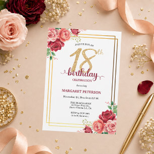Invitation Fête d'anniversaire élégante Gold Blush Floral 18