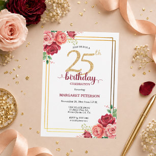 Invitation Fête d'anniversaire élégante Gold Blush Floral 25