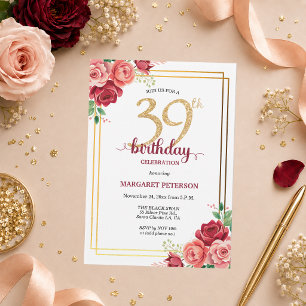 Invitation Fête d'anniversaire élégante Gold Blush Floral 39 