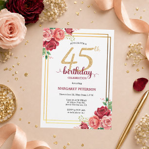 Invitation Fête d'anniversaire élégante Gold Blush Floral 45 
