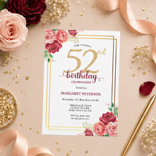 Invitation Fête d'anniversaire élégante Gold Blush Floral 52