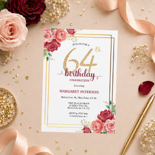 Invitation Fête d'anniversaire élégante Gold Blush Floral 64