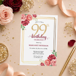 Invitation Fête d'anniversaire élégante Gold Blush Floral 99