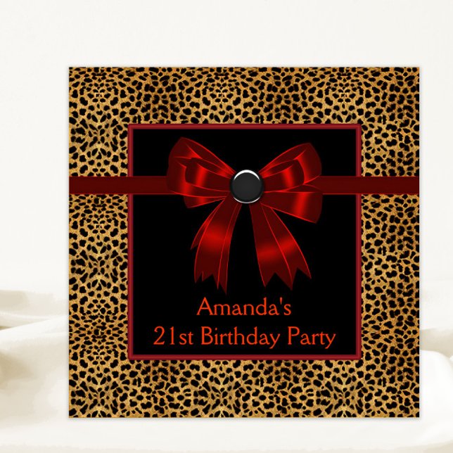 Invitation Fête d'anniversaire élégante léopard rouge (Any number or event elegant red bow leopard invitation. Simply add your text to the front and back.)