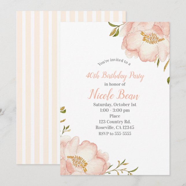 Invitation Fête d'anniversaire élégante moderne à fleurs rose (Devant / Derrière)