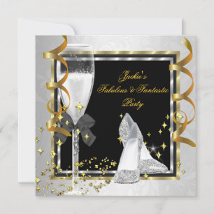 Invitation Fête d'anniversaire élégante noir argent or tout â