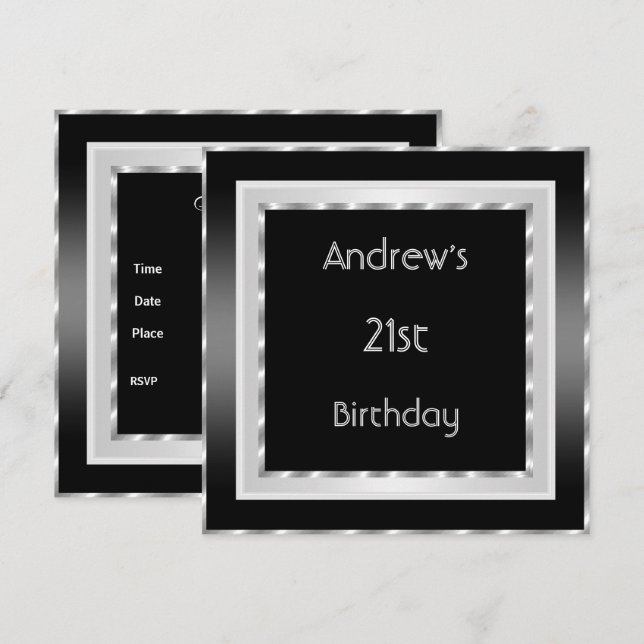 Invitation Fête d'anniversaire élégante noir blanc argent hom (Devant / Derrière)