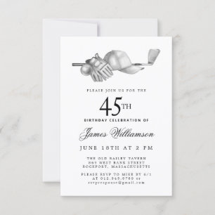 Invitation Fête d'anniversaire élégante noir blanc golf 45 an