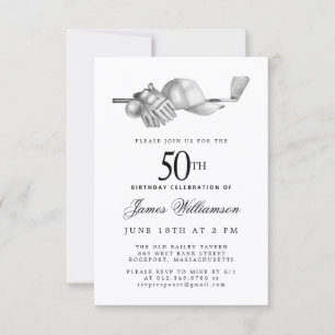 Invitation Fête d'anniversaire élégante noir blanc golf 50 an
