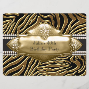 Invitation Fête d'anniversaire élégante noir et or zèbre