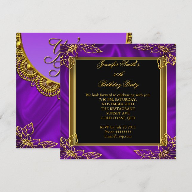 Invitation Fête d'anniversaire élégante noir violet or (Devant / Derrière)