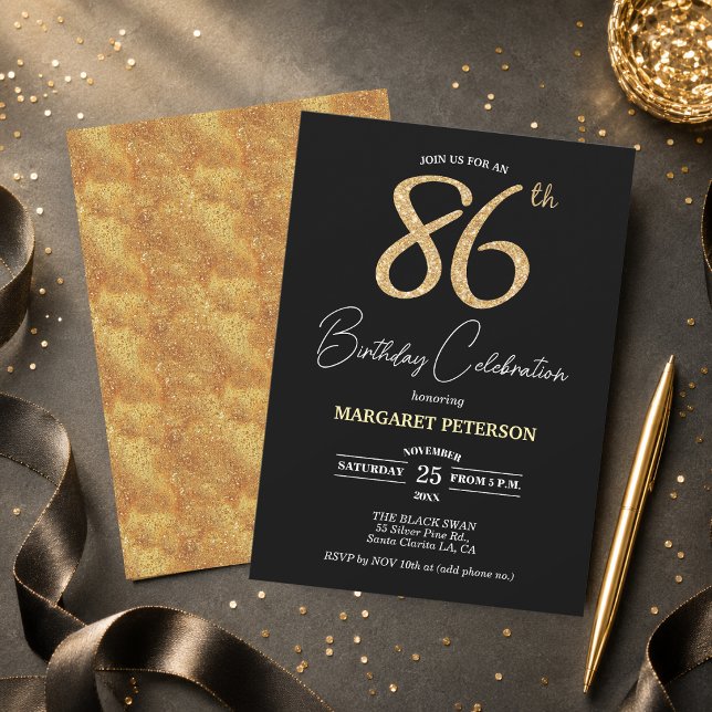 Invitation Fête d'anniversaire élégante noire avec paillettes (Créateur téléchargé)