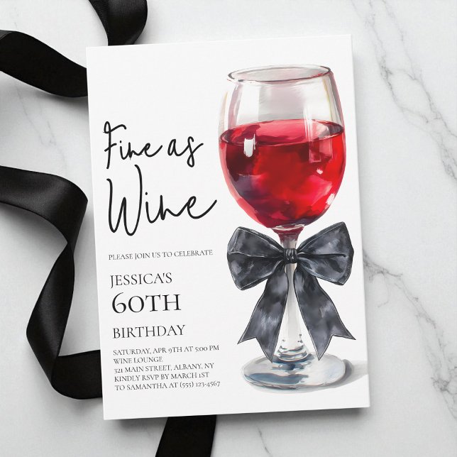 Invitation Fête d'anniversaire élégante noire comme un vin 60 (Elegant Black Bow Fine as Wine 60th Birthday Party Invitation)