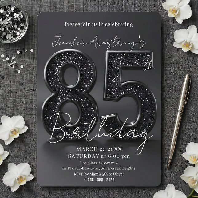 Invitation Fête d'anniversaire élégante noire et argentée pou (Créateur téléchargé)