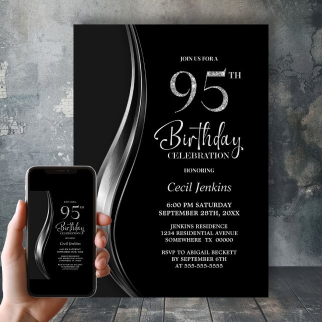 Invitation Fête d'anniversaire élégante noire et argentée pou (Créateur téléchargé)