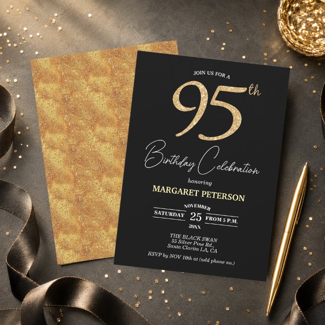Invitation Fête d'anniversaire élégante noire et dorée avec p (Créateur téléchargé)