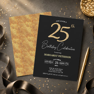 Invitation Fête d'anniversaire élégante noire et dorée avec p
