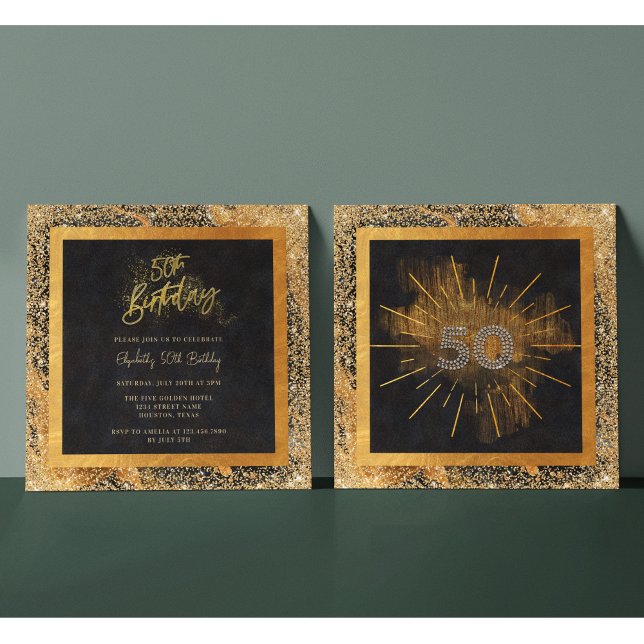 Invitation Fête d'anniversaire élégante noire et dorée avec p (Créateur téléchargé)