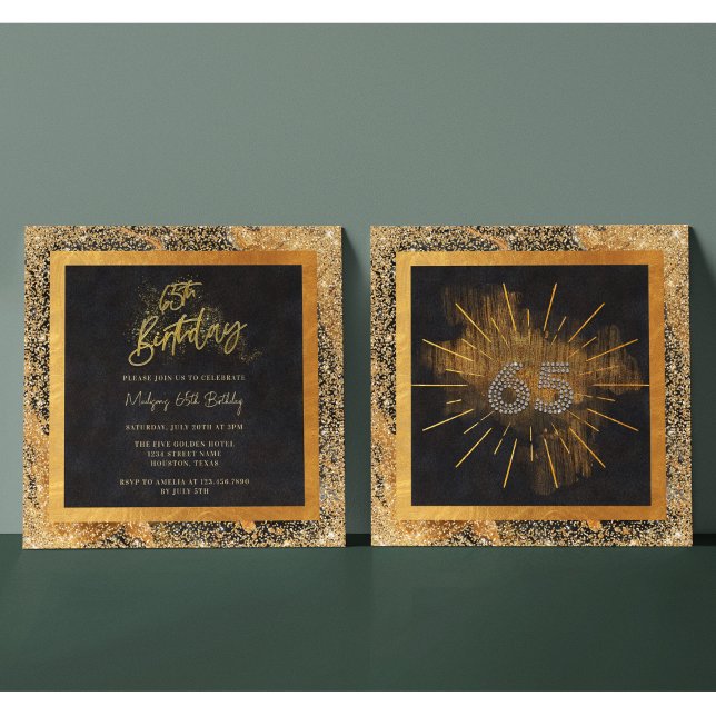 Invitation Fête d'anniversaire élégante noire et dorée paille (Créateur téléchargé)