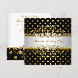 Invitation Fête d'anniversaire élégante noire et or à pois