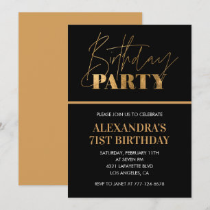 Invitation Fête d'anniversaire élégante noire et or avec écri
