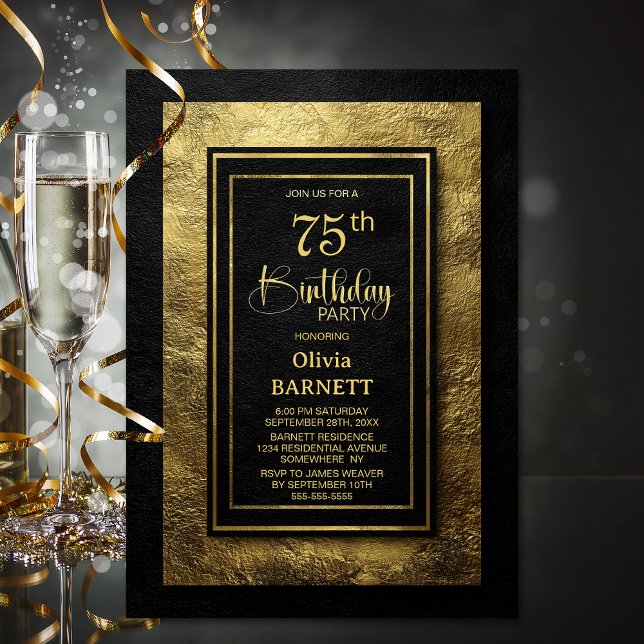 Invitation Fête d'anniversaire élégante noire et or pour 75 a (Créateur téléchargé)