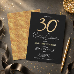 Invitation Fête d'anniversaire élégante noire et paillettes d
