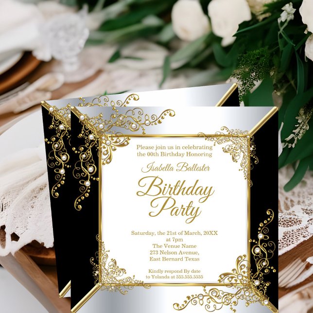 Invitation Fête d'anniversaire élégante noire or argent perle (Créateur téléchargé)