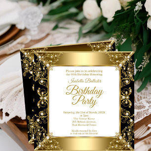 Invitation Fête d'anniversaire élégante noire or blanc perle