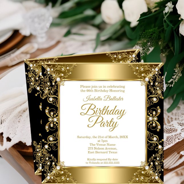 Invitation Fête d'anniversaire élégante noire or blanc perle (Créateur téléchargé)