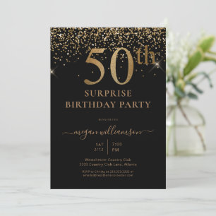 Invitation Fête d'anniversaire élégante noire paillettes doré
