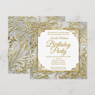 Invitation Fête d'anniversaire élégante or argent perle blanc