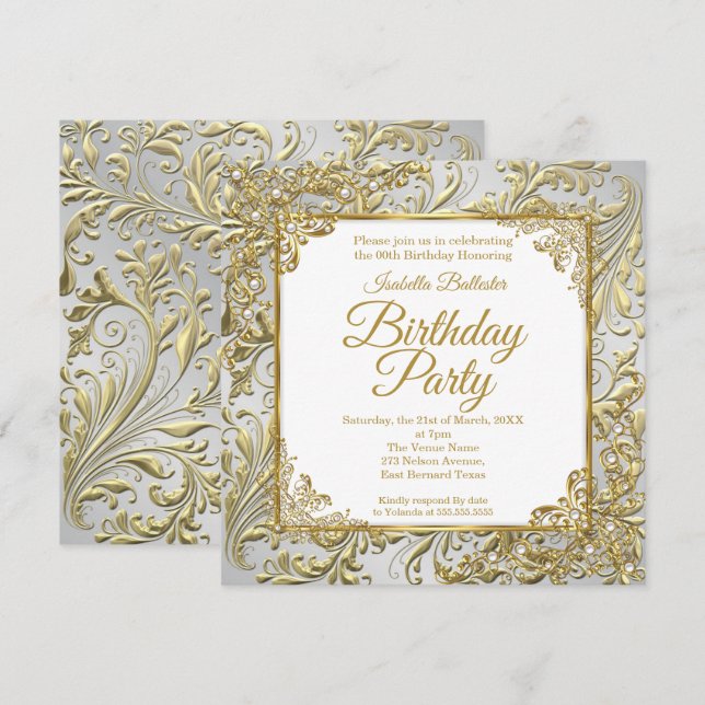Invitation Fête d'anniversaire élégante or argent perle blanc (Devant / Derrière)