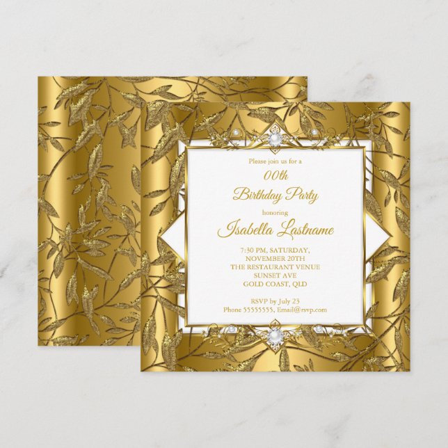 Invitation Fête d'anniversaire élégante or blanc damassé perl (Devant / Derrière)