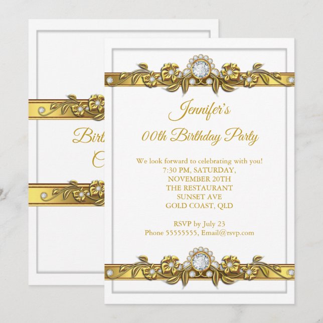 Invitation Fête d'anniversaire élégante or blanc diamant (Devant / Derrière)