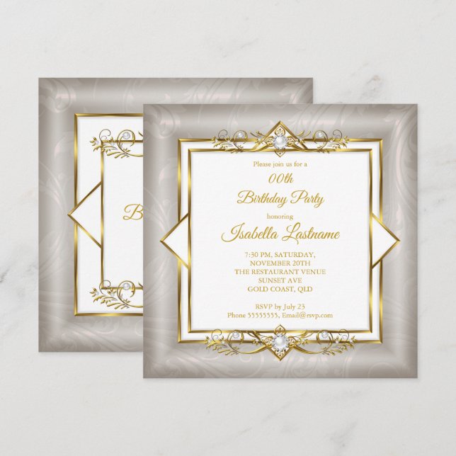 Invitation Fête d'anniversaire élégante or blanc gris perle (Devant / Derrière)