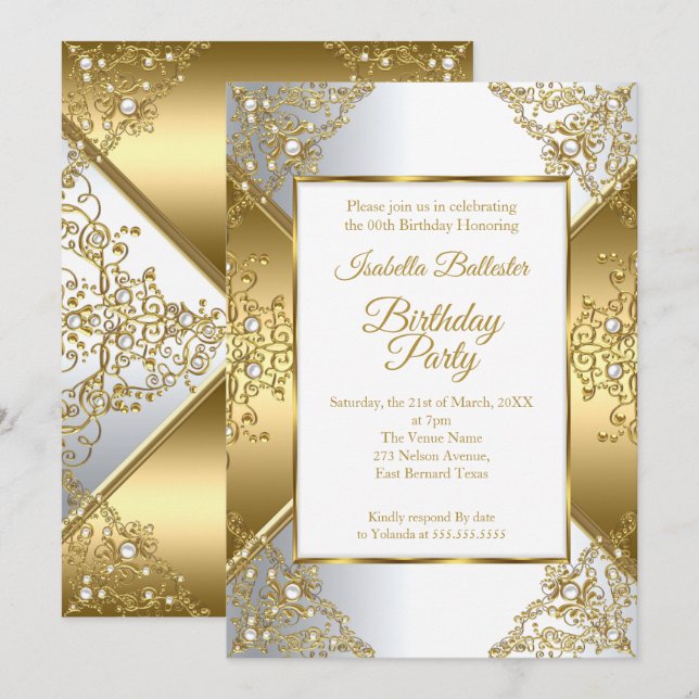 Invitation Fête d'anniversaire élégante or blanc perle argent (Devant / Derrière)