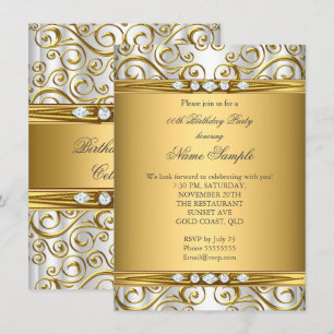 Invitation Fête d'anniversaire élégante or damasqué blanc dia