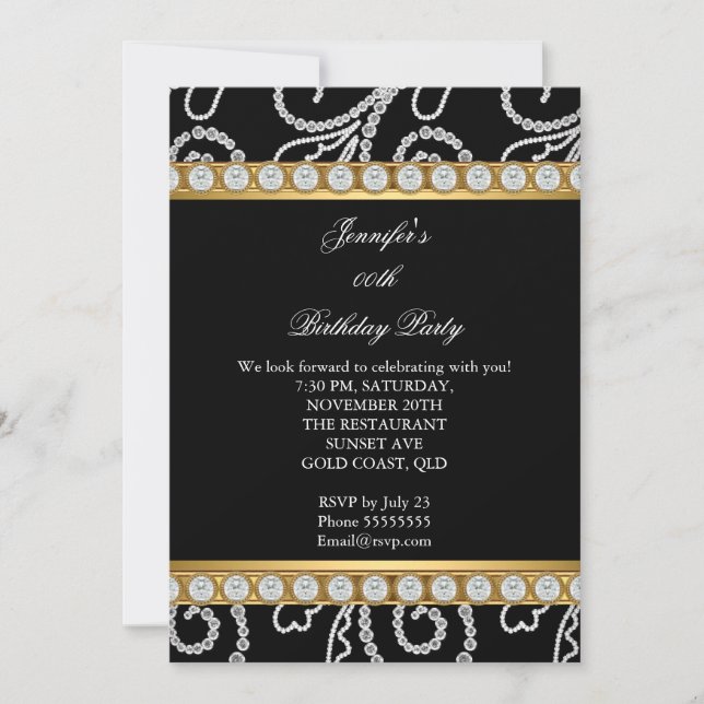 Invitation Fête d'anniversaire élégante or noir blanc diamant (Devant)