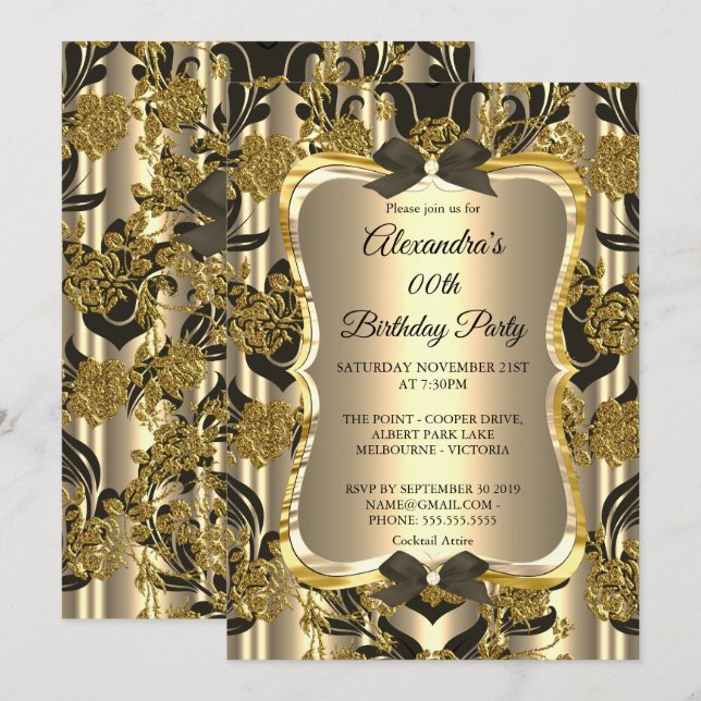 Invitation Fête d'anniversaire élégante or sépia noir damas (Devant / Derrière)