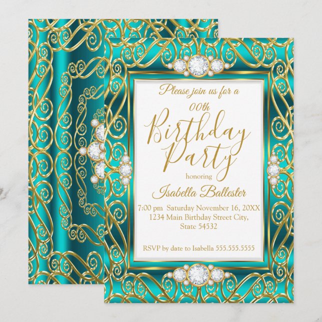 Invitation Fête d'anniversaire élégante Or Teal Jade Diamant (Devant / Derrière)