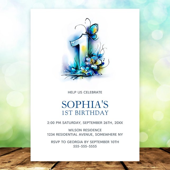 Invitation Fête d'anniversaire élégante papillon bleu floral  (Créateur téléchargé)