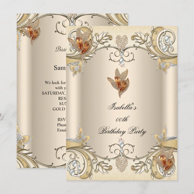 Invitation Fête d'anniversaire élégante papillon crème beige  (Devant / Derrière)