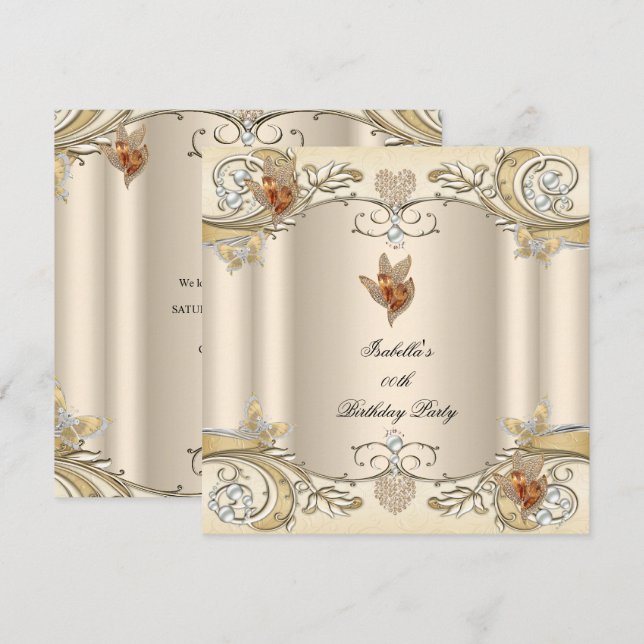 Invitation Fête d'anniversaire élégante papillon crème beige  (Devant / Derrière)