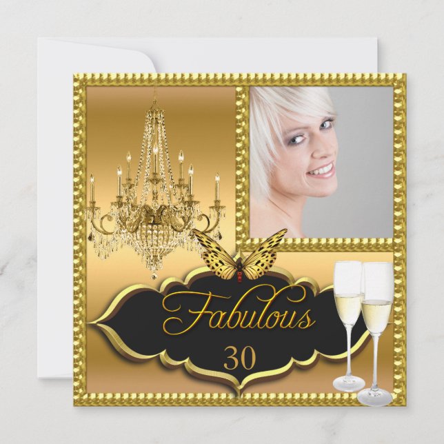 Invitation Fête d'anniversaire élégante papillon doré 30 ans (Devant)